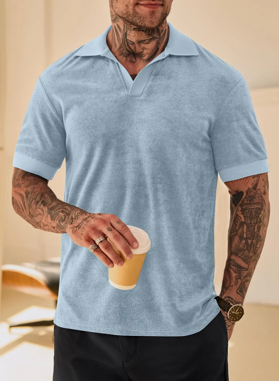 Mens Terry Polo Shirts Johnny Collar Casual Summer Short Sleeve Buttonless Shirt (S-XXL)
