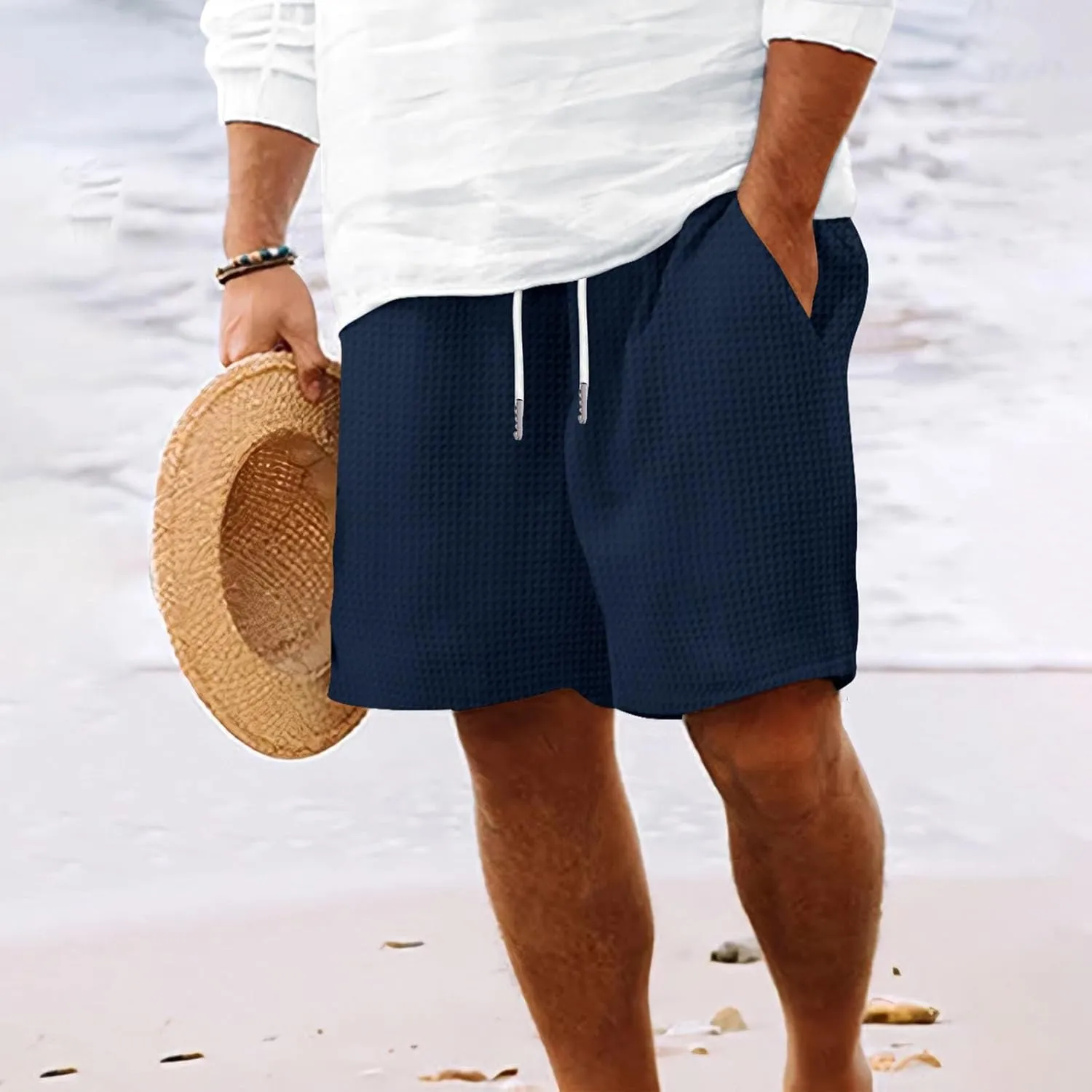 Men's Waffle Knit Shorts Casual Classic Fit Drawstring Summer Beach Shorts with Elastic Waistband Pockets
