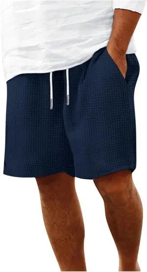 Men's Waffle Knit Shorts Casual Classic Fit Drawstring Summer Beach Shorts with Elastic Waistband Pockets