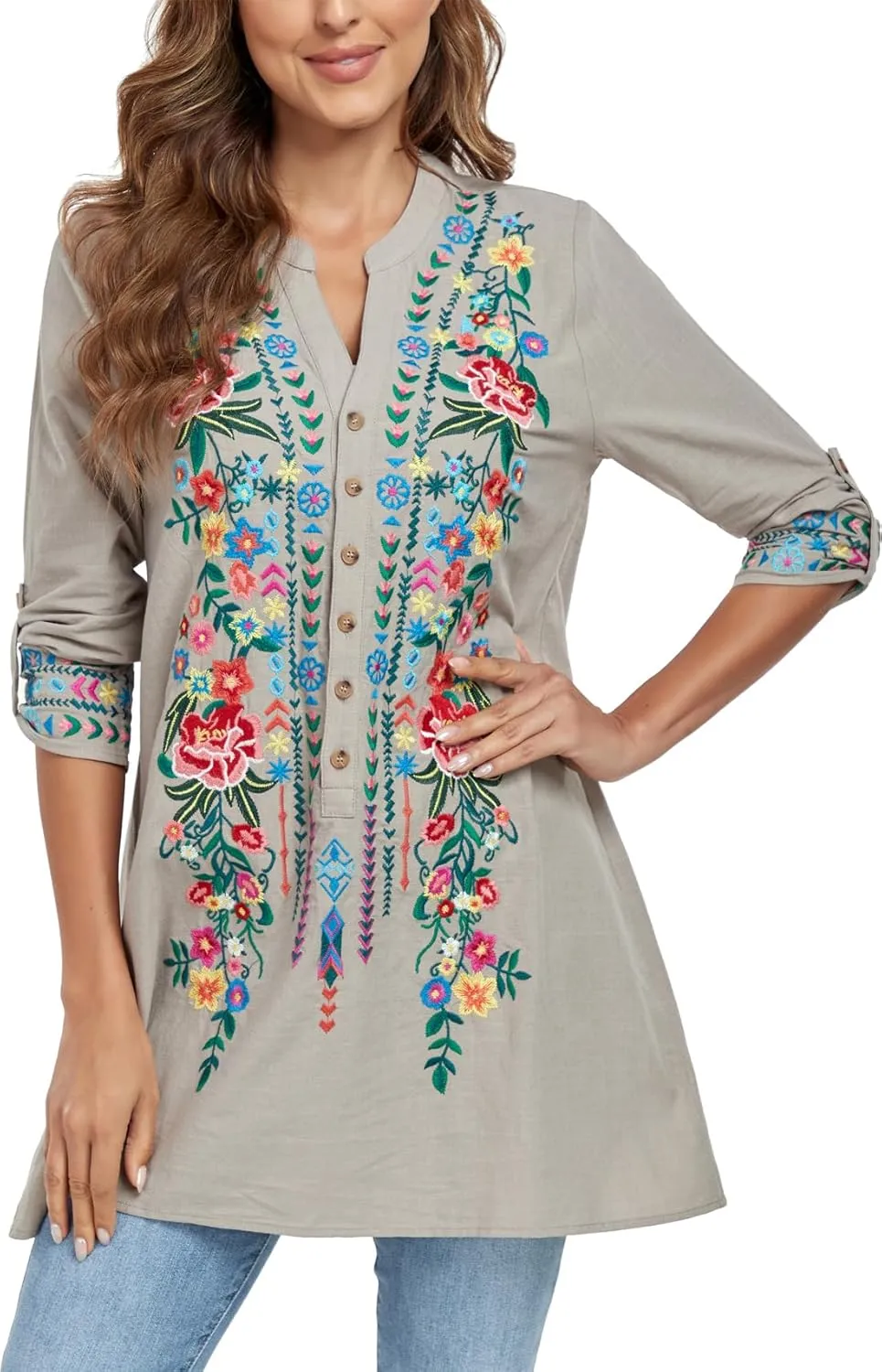 Mexican Shirts Embroidered Peasant Blouses Bohemian Tops Cotton 3/4 Sleeve V Neck Floral Boho Tunic for Women