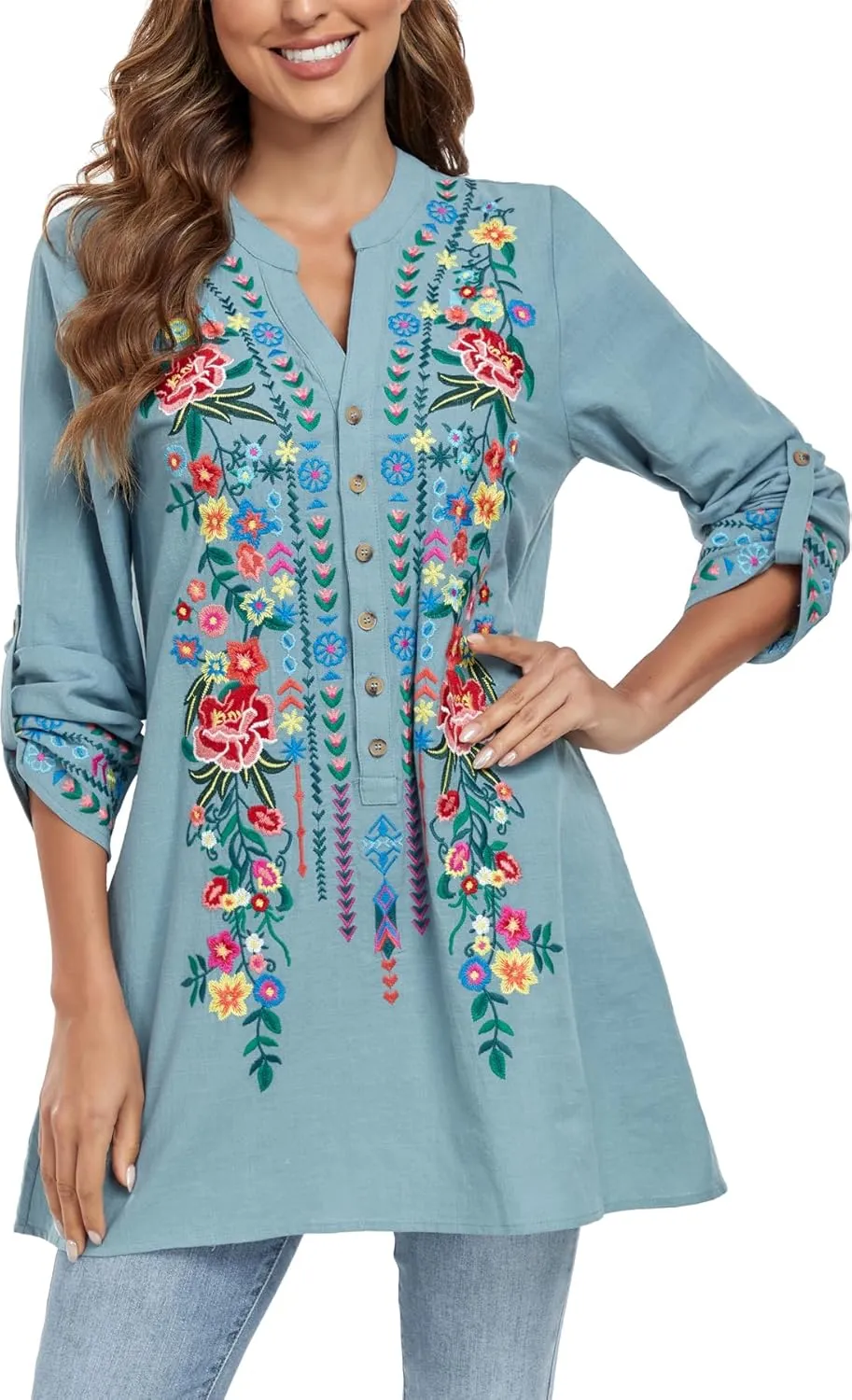 Mexican Shirts Embroidered Peasant Blouses Bohemian Tops Cotton 3/4 Sleeve V Neck Floral Boho Tunic for Women