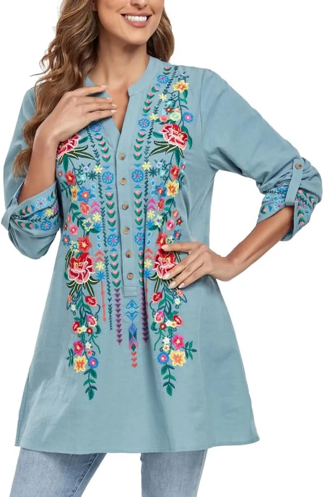 Mexican Shirts Embroidered Peasant Blouses Bohemian Tops Cotton 3/4 Sleeve V Neck Floral Boho Tunic for Women