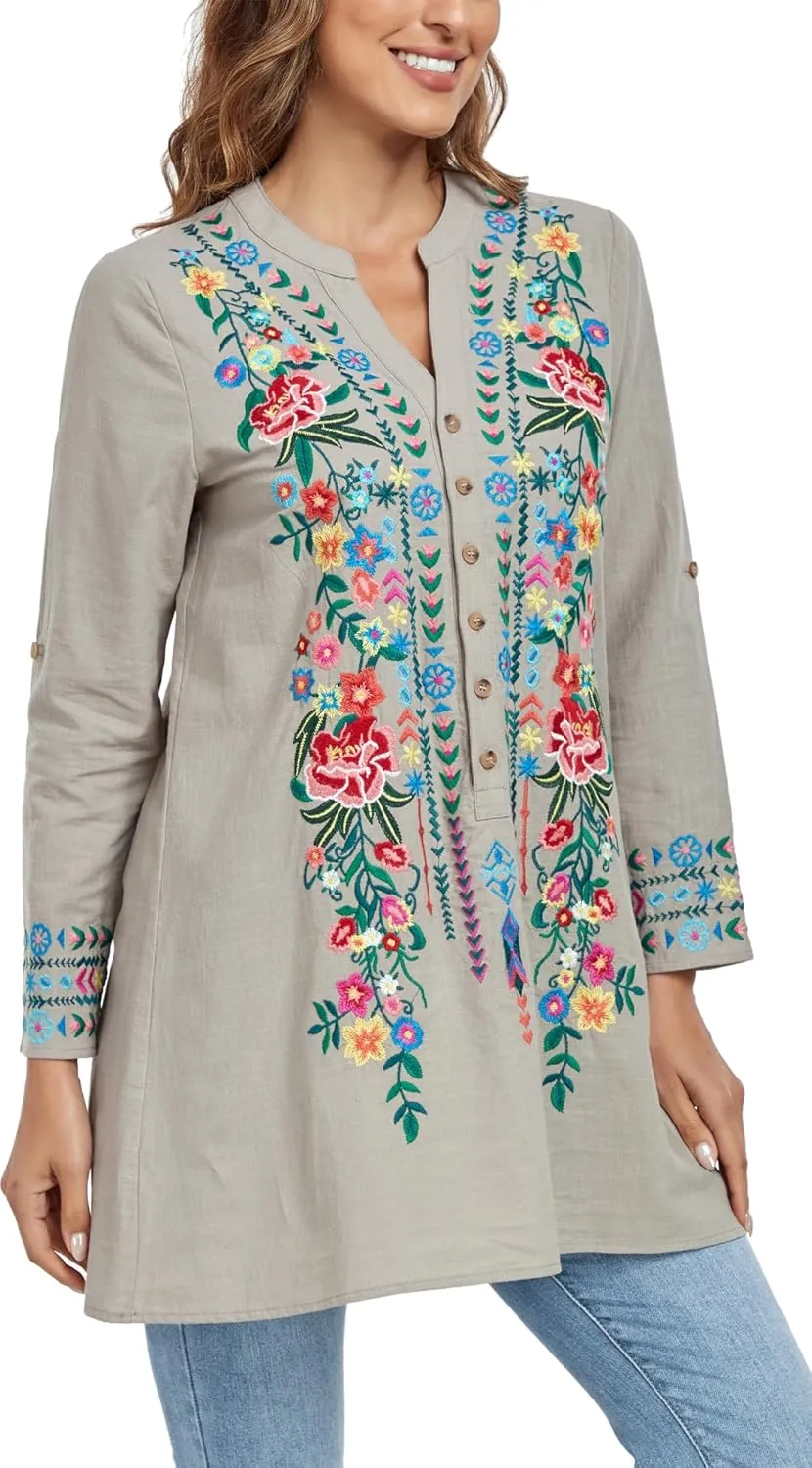 Mexican Shirts Embroidered Peasant Blouses Bohemian Tops Cotton 3/4 Sleeve V Neck Floral Boho Tunic for Women
