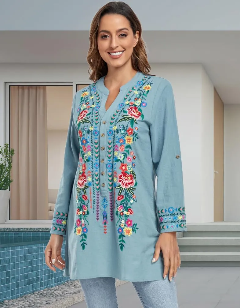 Mexican Shirts Embroidered Peasant Blouses Bohemian Tops Cotton 3/4 Sleeve V Neck Floral Boho Tunic for Women