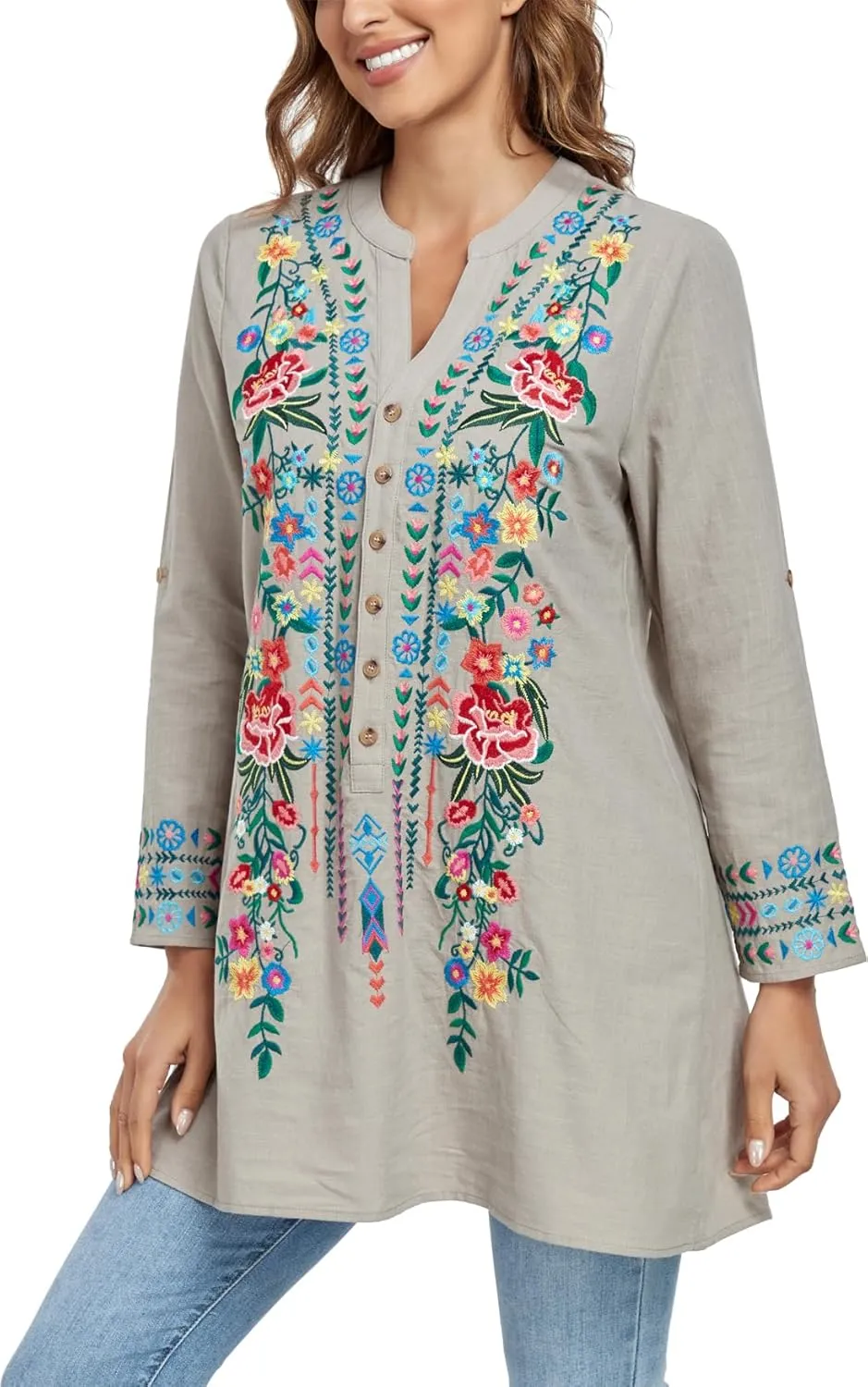 Mexican Shirts Embroidered Peasant Blouses Bohemian Tops Cotton 3/4 Sleeve V Neck Floral Boho Tunic for Women