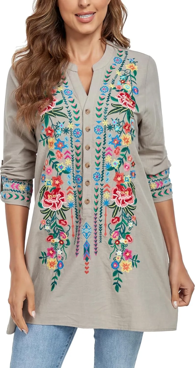 Mexican Shirts Embroidered Peasant Blouses Bohemian Tops Cotton 3/4 Sleeve V Neck Floral Boho Tunic for Women