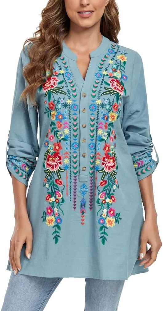 Mexican Shirts Embroidered Peasant Blouses Bohemian Tops Cotton 3/4 Sleeve V Neck Floral Boho Tunic for Women