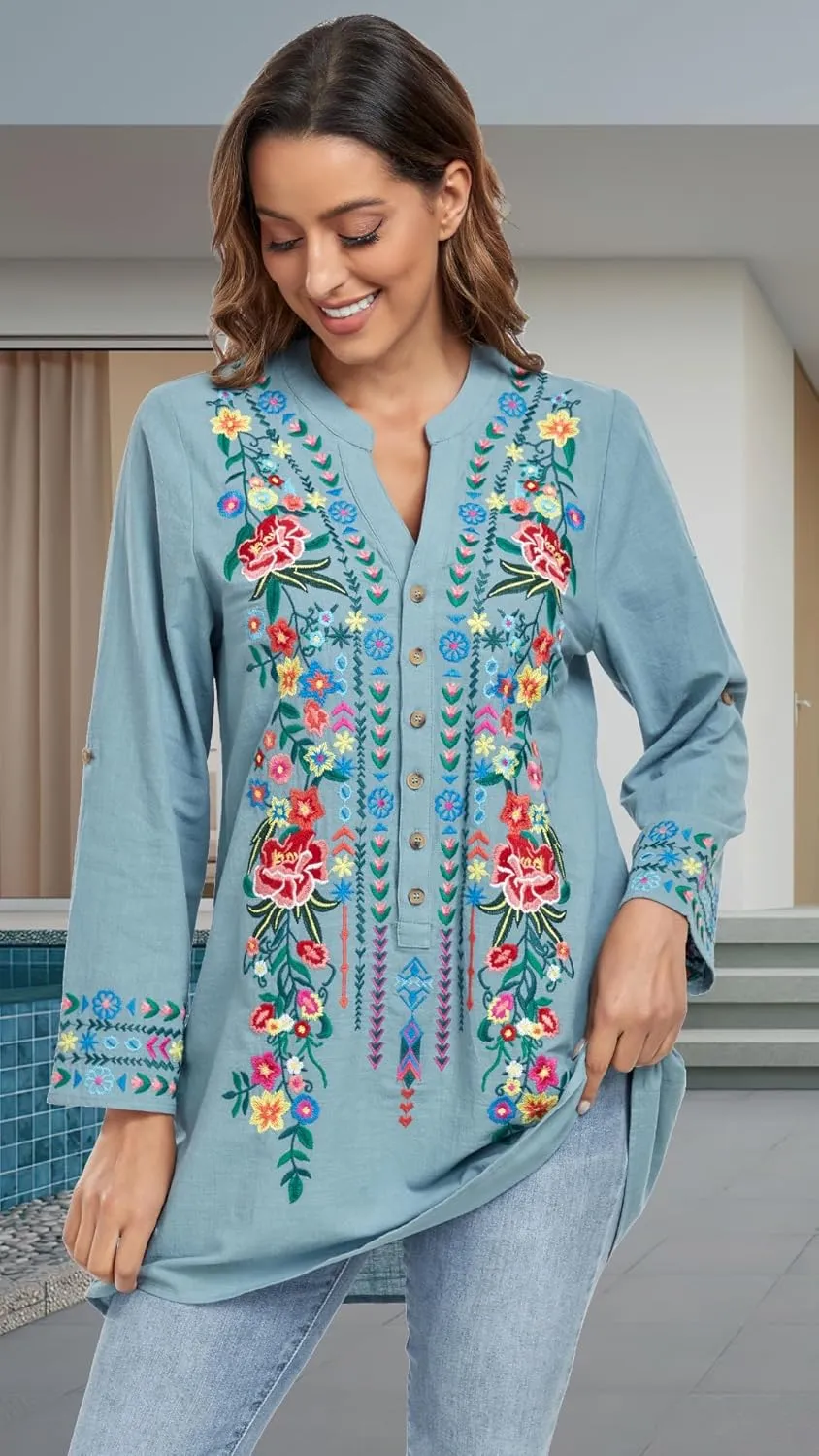 Mexican Shirts Embroidered Peasant Blouses Bohemian Tops Cotton 3/4 Sleeve V Neck Floral Boho Tunic for Women