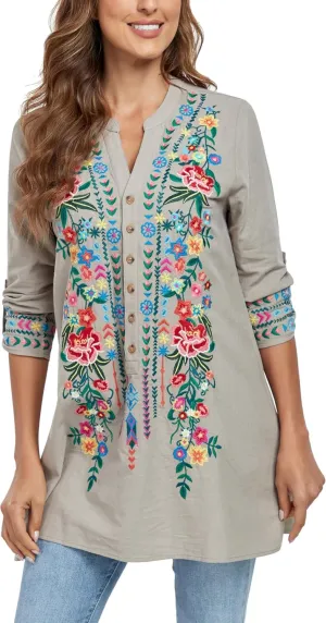 Mexican Shirts Embroidered Peasant Blouses Bohemian Tops Cotton 3/4 Sleeve V Neck Floral Boho Tunic for Women