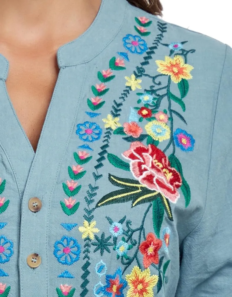 Mexican Shirts Embroidered Peasant Blouses Bohemian Tops Cotton 3/4 Sleeve V Neck Floral Boho Tunic for Women