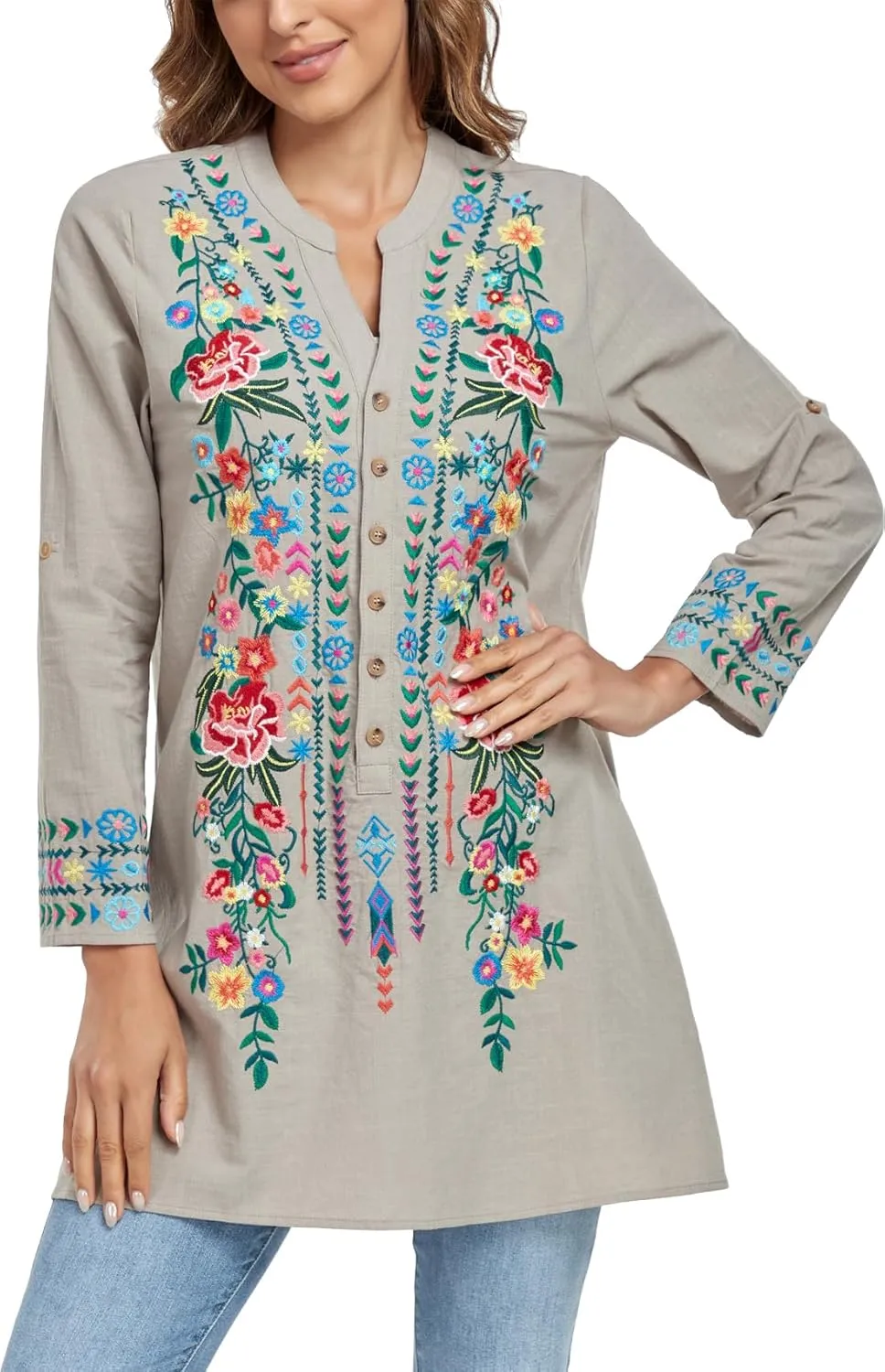 Mexican Shirts Embroidered Peasant Blouses Bohemian Tops Cotton 3/4 Sleeve V Neck Floral Boho Tunic for Women
