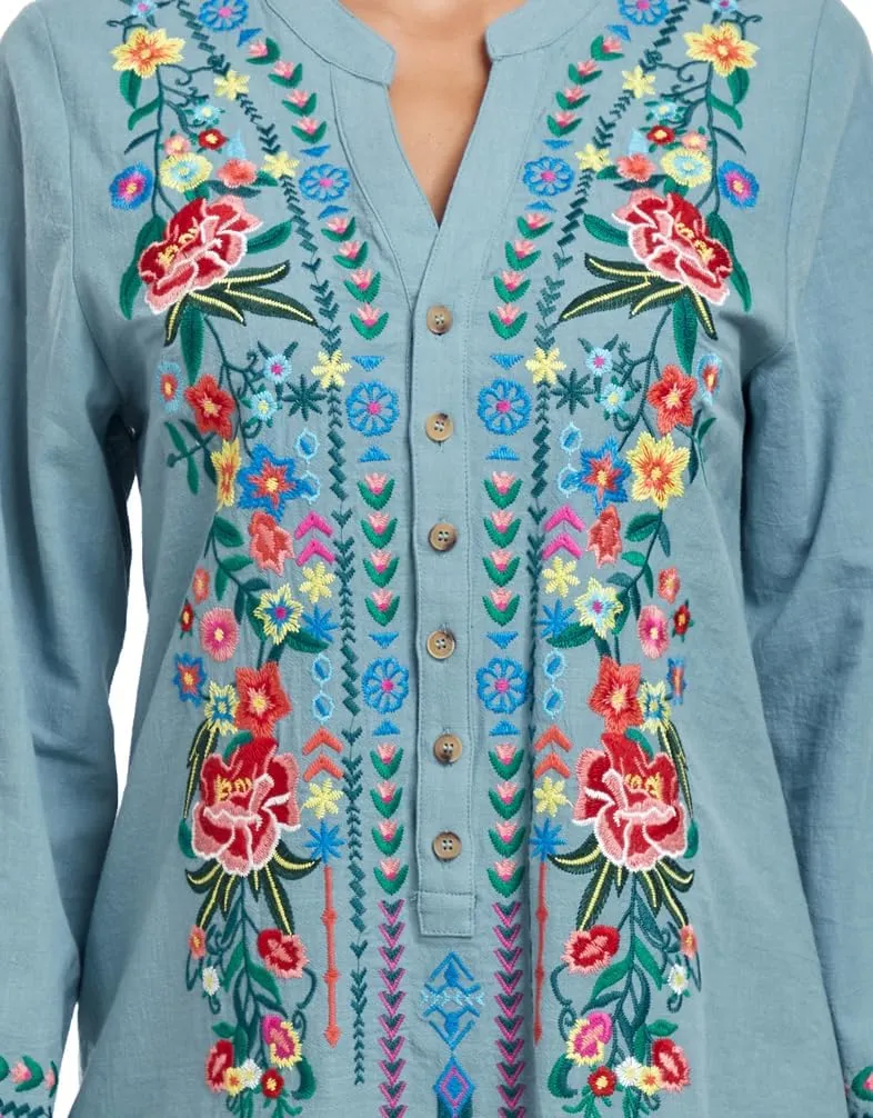Mexican Shirts Embroidered Peasant Blouses Bohemian Tops Cotton 3/4 Sleeve V Neck Floral Boho Tunic for Women