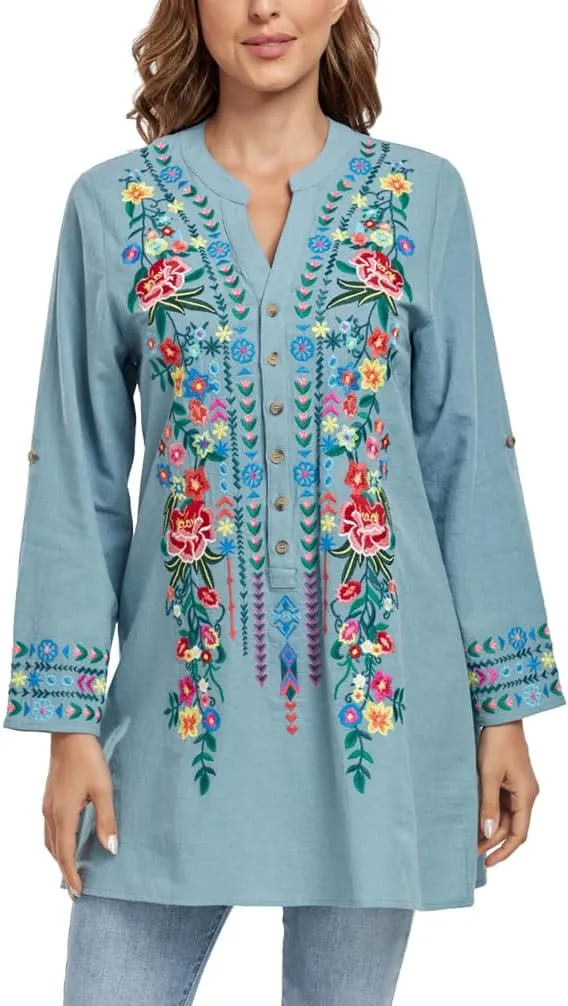 Mexican Shirts Embroidered Peasant Blouses Bohemian Tops Cotton 3/4 Sleeve V Neck Floral Boho Tunic for Women