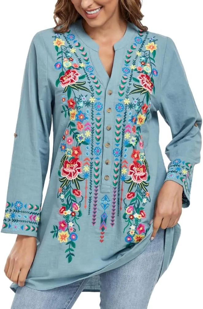 Mexican Shirts Embroidered Peasant Blouses Bohemian Tops Cotton 3/4 Sleeve V Neck Floral Boho Tunic for Women
