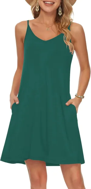 MISFAY Women's Summer Spaghetti Strap Casual Swing Tank Beach Cover Up Dress with Pockets