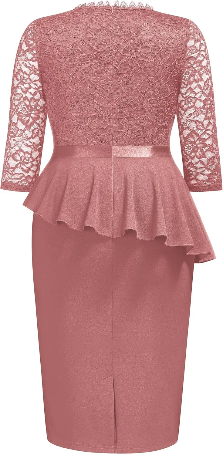 Miusol Women's Plus Size Lace Keyhole Neckline Peplum Bodycon Vintage Cocktail Party Dress