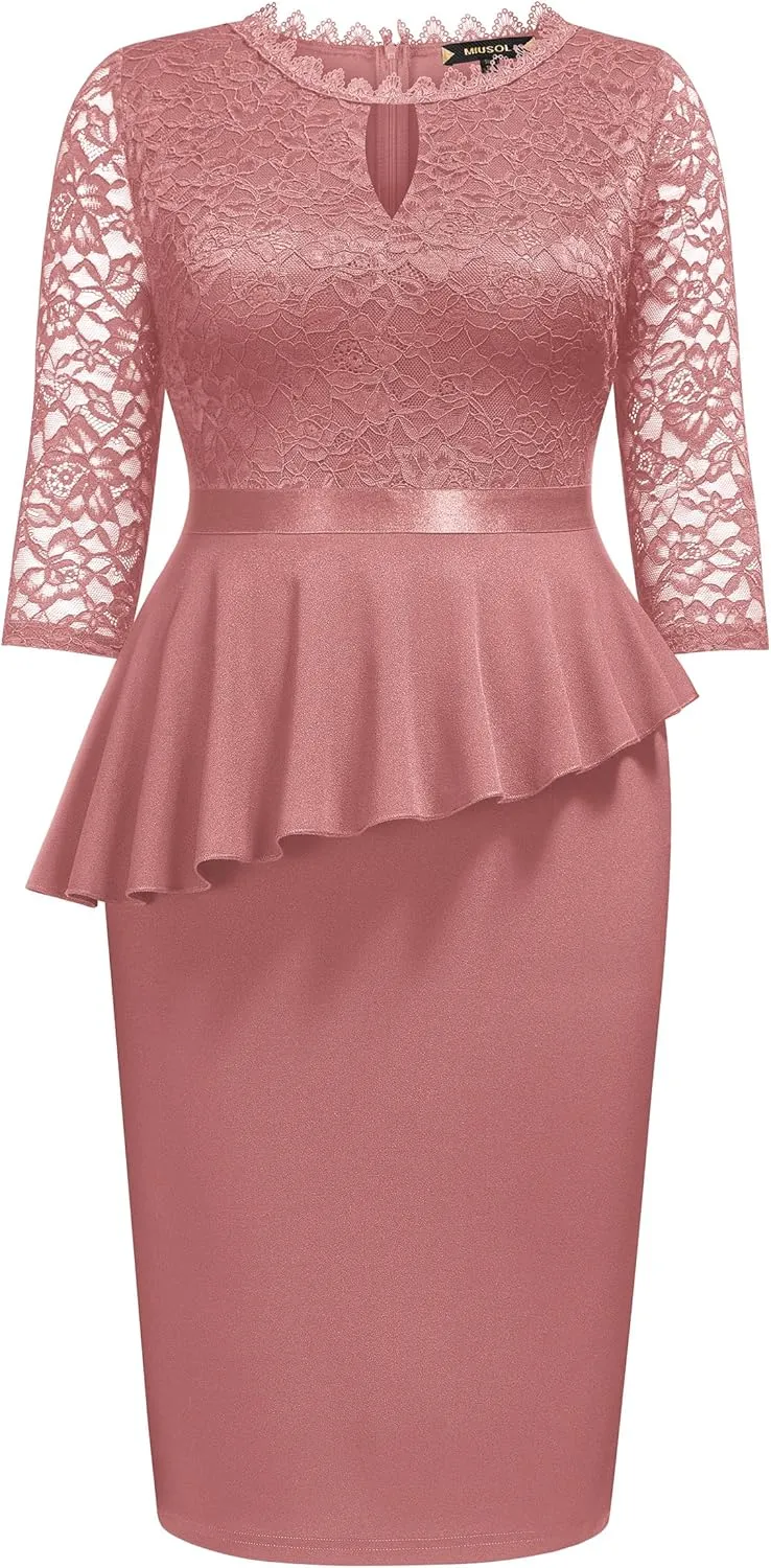 Miusol Women's Plus Size Lace Keyhole Neckline Peplum Bodycon Vintage Cocktail Party Dress