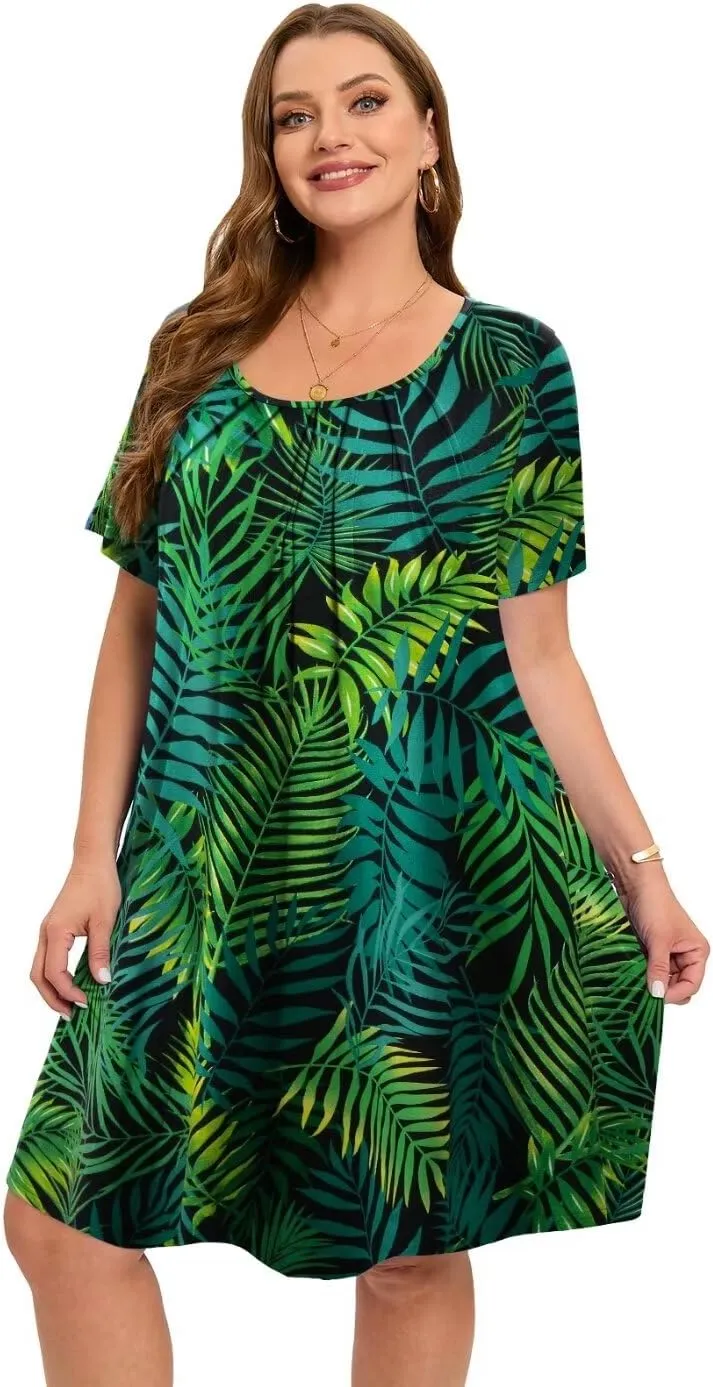 MONNURO Womens Plus Size Summer Dresses Casual Pleated Front Short Sleeve Swing Tunic Tshirt Dress with Pockets