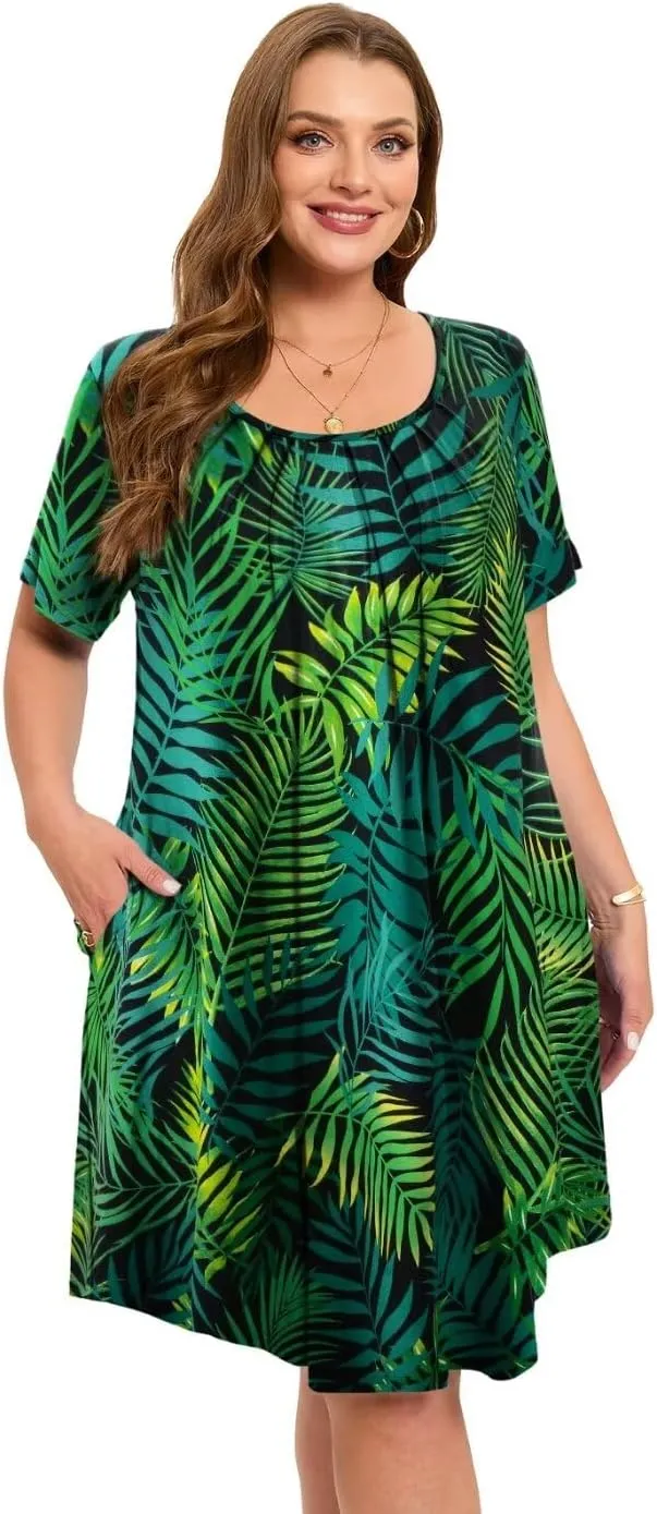 MONNURO Womens Plus Size Summer Dresses Casual Pleated Front Short Sleeve Swing Tunic Tshirt Dress with Pockets