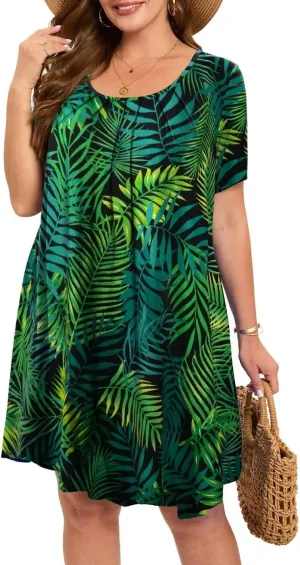 MONNURO Womens Plus Size Summer Dresses Casual Pleated Front Short Sleeve Swing Tunic Tshirt Dress with Pockets