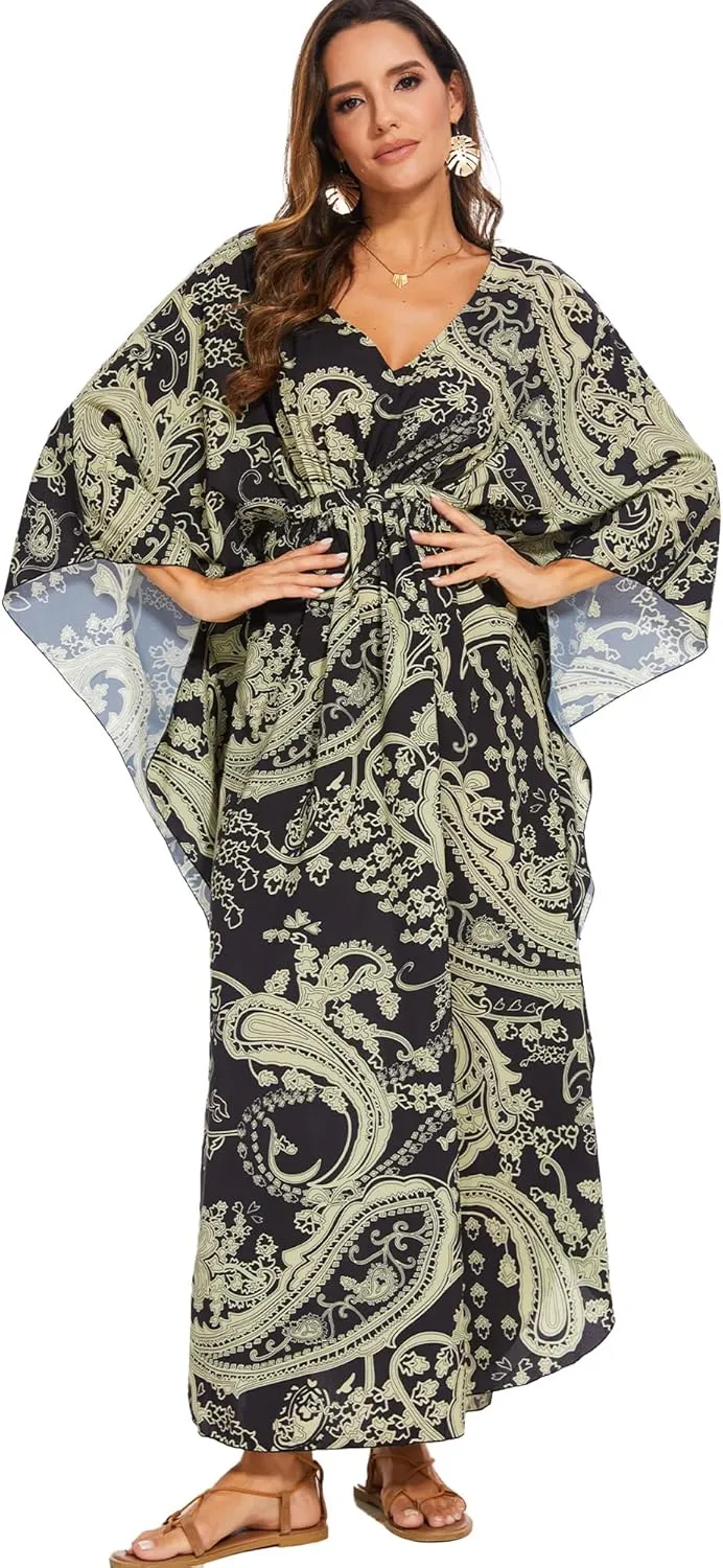 Moss Rose Kaftan Dresses for Women V Neck Summer Swimsuit Cover up Caftan Plus Size Maxi Beach Dresses