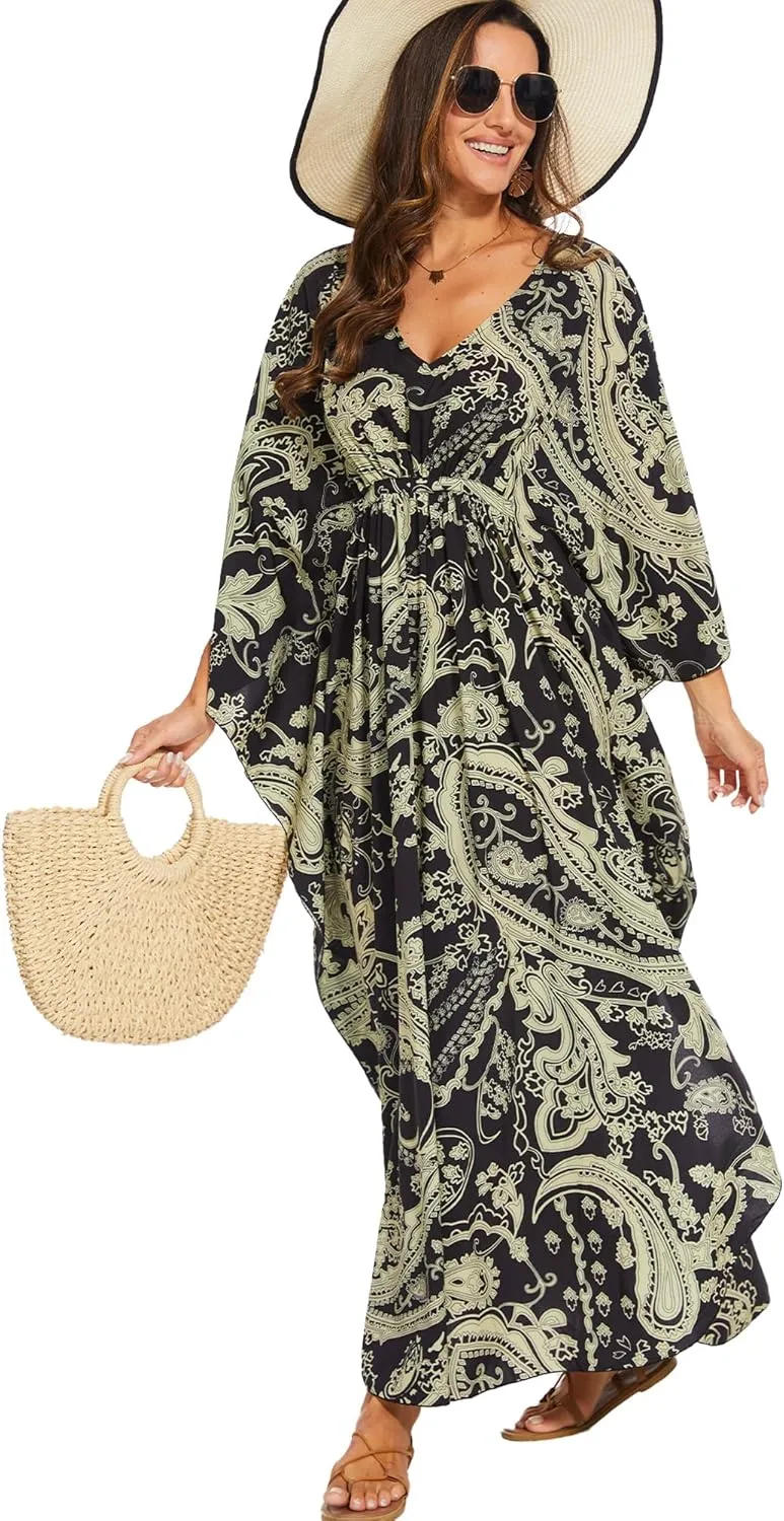 Moss Rose Kaftan Dresses for Women V Neck Summer Swimsuit Cover up Caftan Plus Size Maxi Beach Dresses