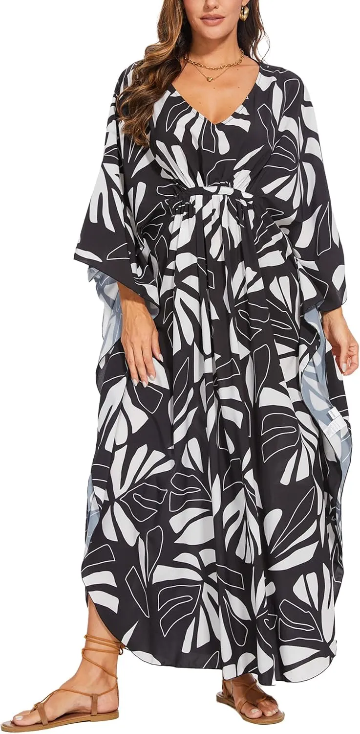 Moss Rose Kaftan Dresses for Women V Neck Summer Swimsuit Cover up Caftan Plus Size Maxi Beach Dresses
