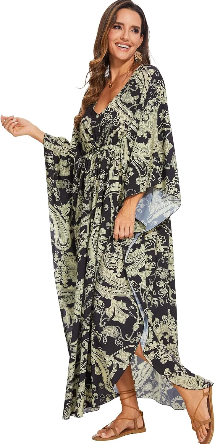 Moss Rose Kaftan Dresses for Women V Neck Summer Swimsuit Cover up Caftan Plus Size Maxi Beach Dresses