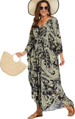 Moss Rose Kaftan Dresses for Women V Neck Summer Swimsuit Cover up Caftan Plus Size Maxi Beach Dresses