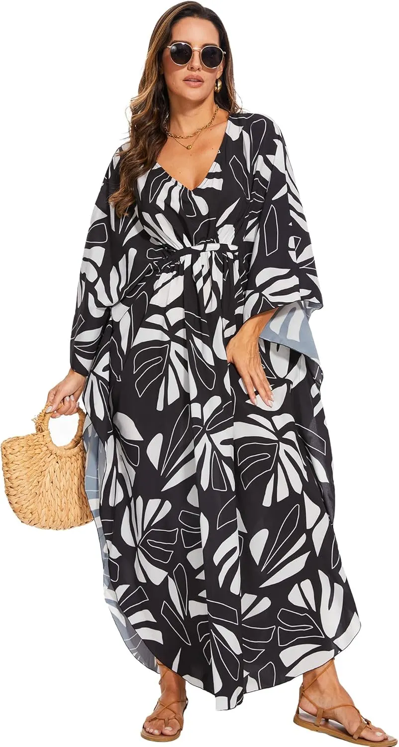 Moss Rose Kaftan Dresses for Women V Neck Summer Swimsuit Cover up Caftan Plus Size Maxi Beach Dresses