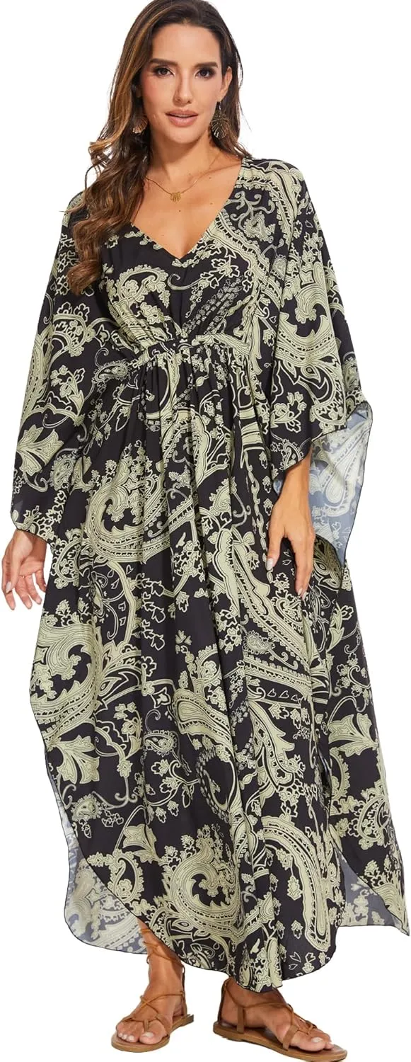 Moss Rose Kaftan Dresses for Women V Neck Summer Swimsuit Cover up Caftan Plus Size Maxi Beach Dresses