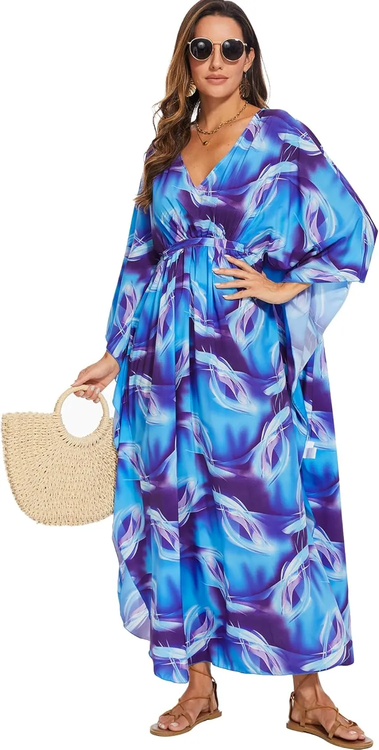Moss Rose Kaftan Dresses for Women V Neck Summer Swimsuit Cover up Caftan Plus Size Maxi Beach Dresses