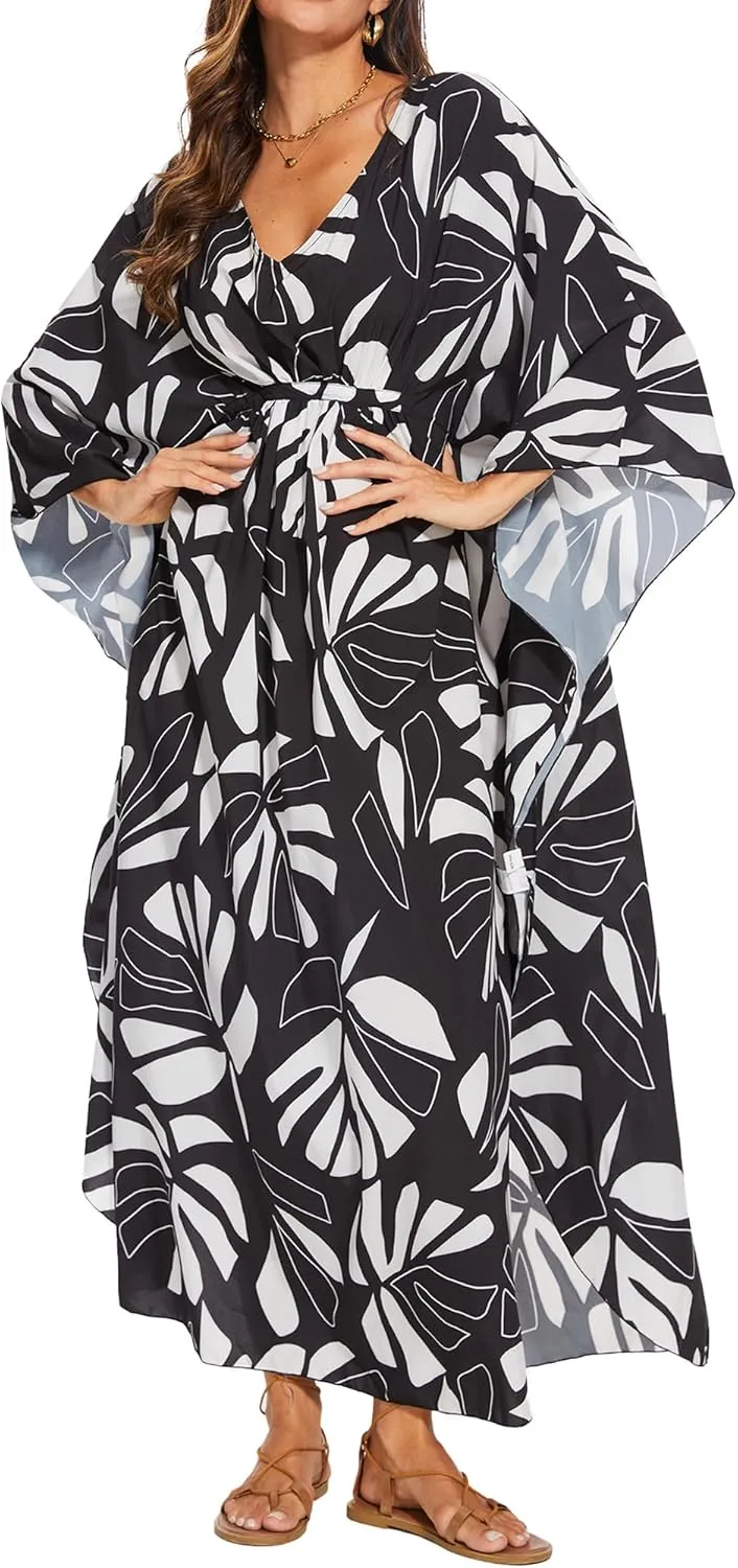 Moss Rose Kaftan Dresses for Women V Neck Summer Swimsuit Cover up Caftan Plus Size Maxi Beach Dresses