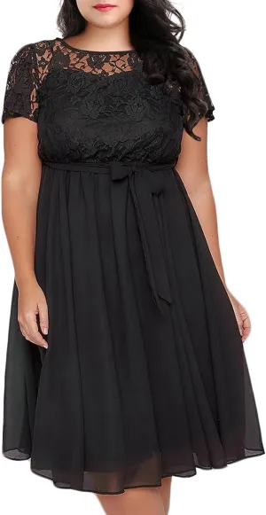 Nemidor Women's Scooped Neckline Floral lace Top Plus Size Cocktail Party Midi Dress