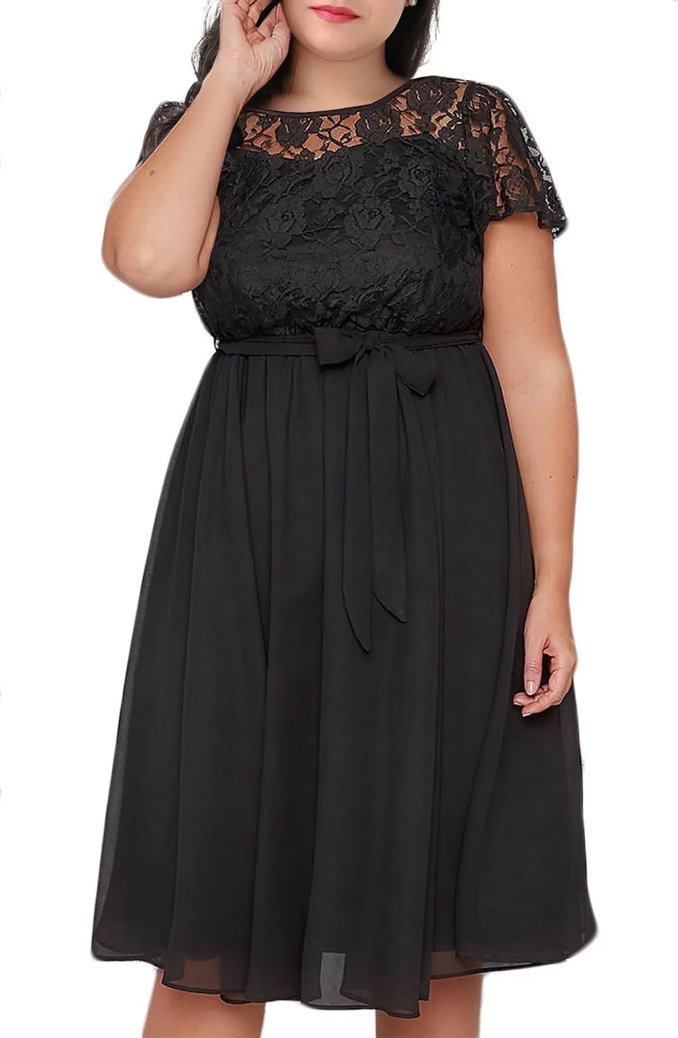 Nemidor Women's Scooped Neckline Floral lace Top Plus Size Cocktail Party Midi Dress