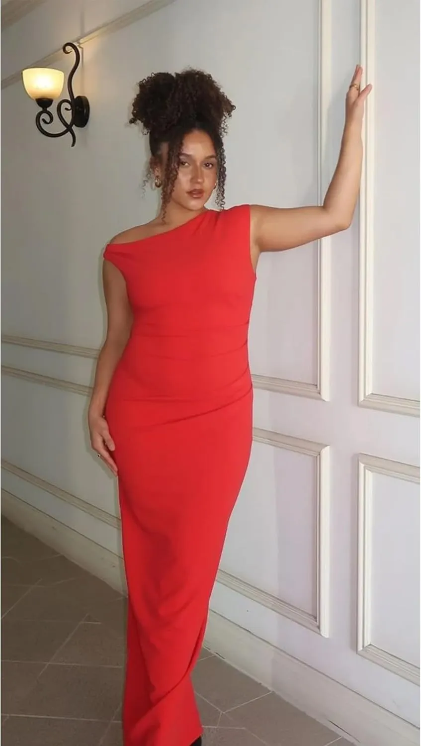 Nova In Sky Womens Summer One Shoulder Party Cocktail Bodycon Maxi Dress Sleeveless Ruched Slit Formal Wedding Guest Dresses