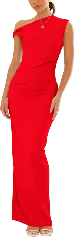 Nova In Sky Womens Summer One Shoulder Party Cocktail Bodycon Maxi Dress Sleeveless Ruched Slit Formal Wedding Guest Dresses