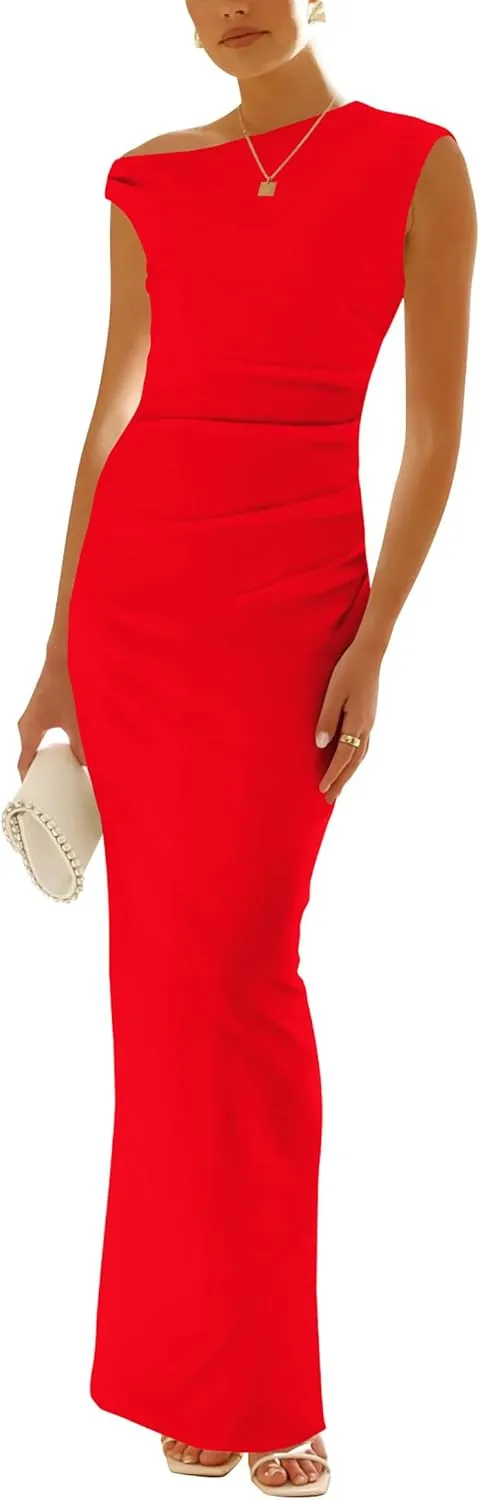 Nova In Sky Womens Summer One Shoulder Party Cocktail Bodycon Maxi Dress Sleeveless Ruched Slit Formal Wedding Guest Dresses