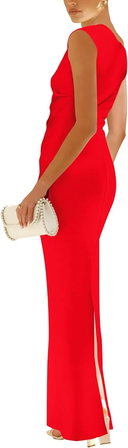 Nova In Sky Womens Summer One Shoulder Party Cocktail Bodycon Maxi Dress Sleeveless Ruched Slit Formal Wedding Guest Dresses