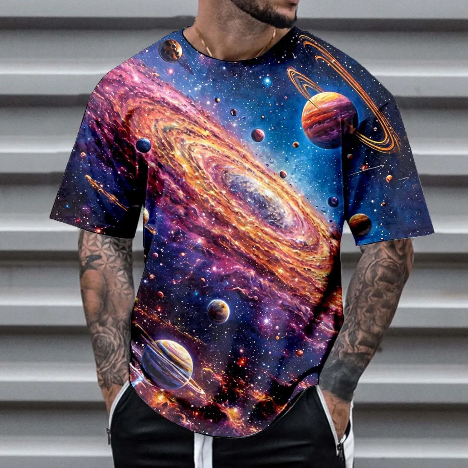 Outer Space T Shirts for Men 3D Printed Galaxy Solar System Planets Nebula Shirt Crewneck Short Sleeve Blouse Tee Tops