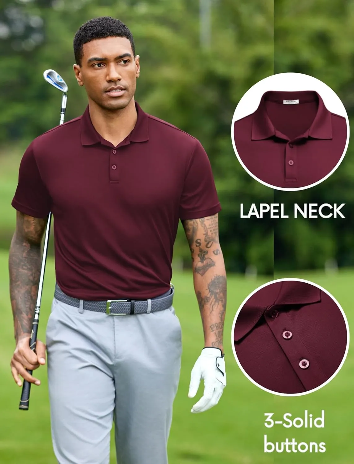 PINSPARK Mens Polo Shirts Short Sleeve Lightweight Moisture Wicking Quick Dry Casual Workout Collared Shirt Plain 3 Pack Set