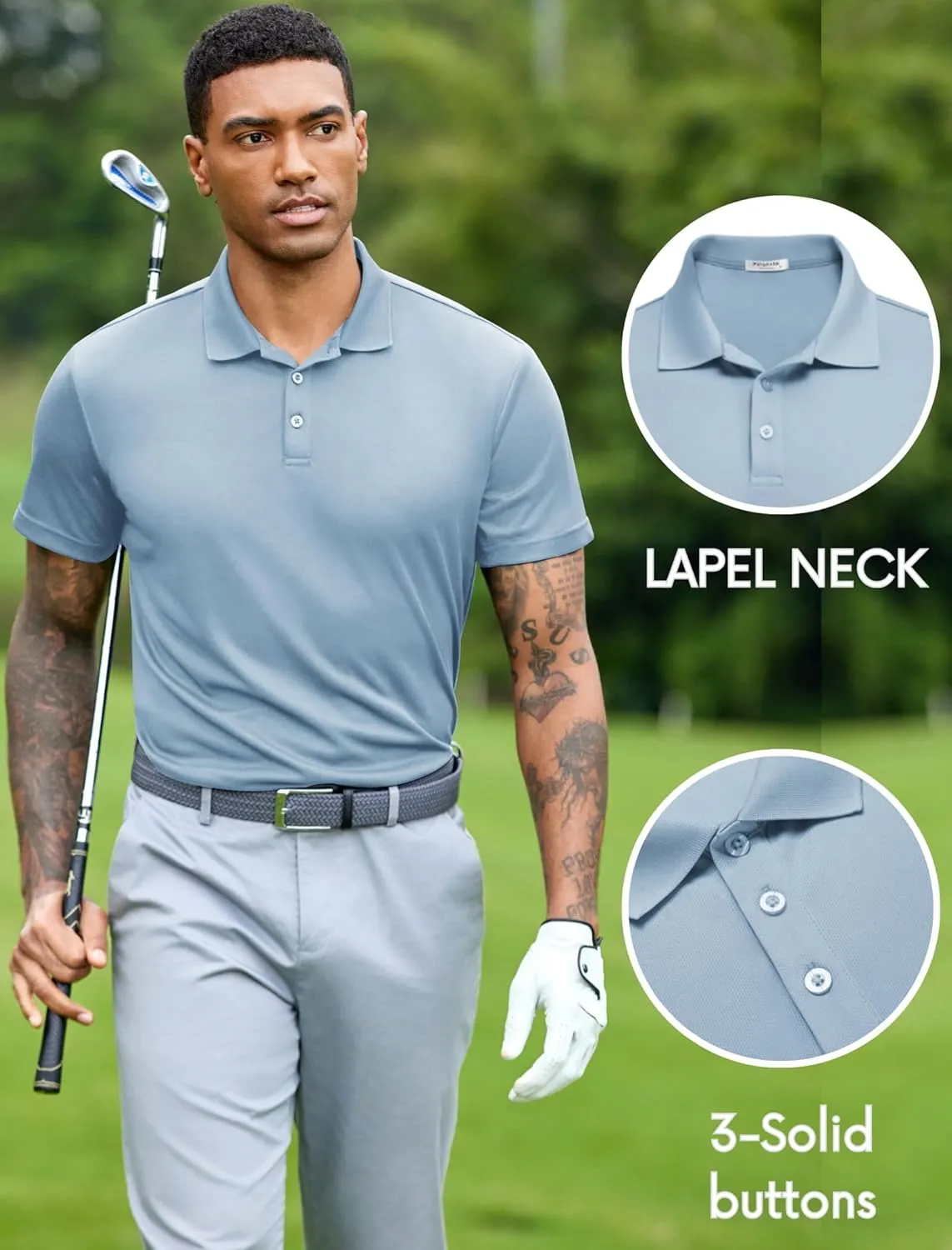 PINSPARK Mens Polo Shirts Short Sleeve Lightweight Moisture Wicking Quick Dry Casual Workout Collared Shirt Plain 3 Pack Set