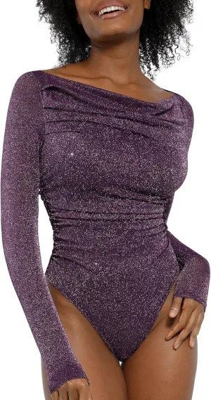 Popilush Sparkly Tops for Women - Long Sleeve Bodysuit Off The Shoulder Tops Tummy Control Shapewear Thong Going Out Tops