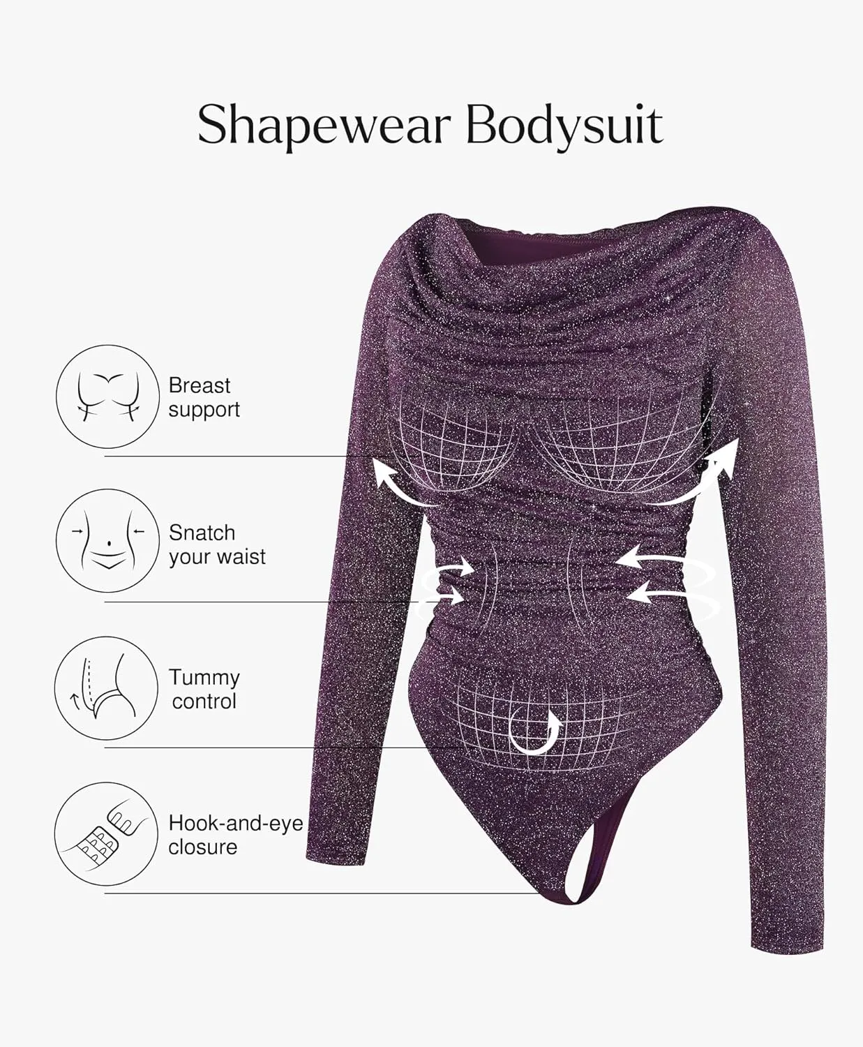 Popilush Sparkly Tops for Women - Long Sleeve Bodysuit Off The Shoulder Tops Tummy Control Shapewear Thong Going Out Tops