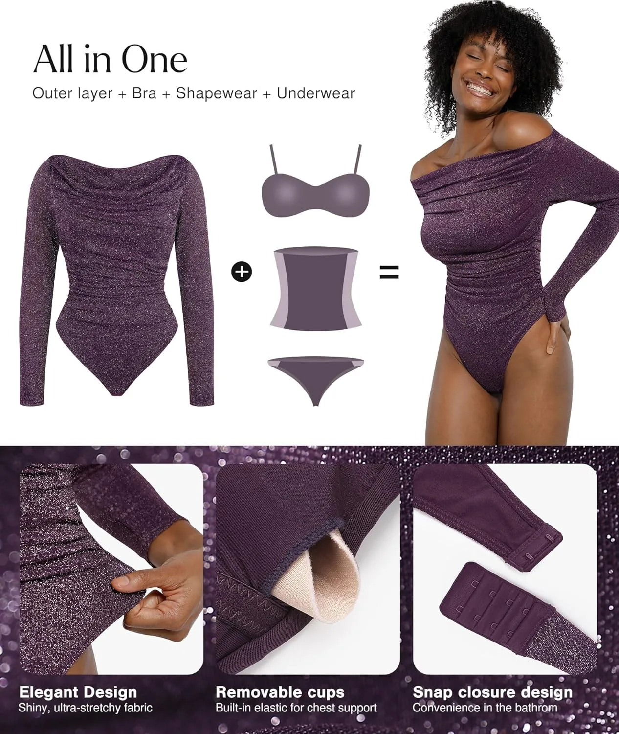 Popilush Sparkly Tops for Women - Long Sleeve Bodysuit Off The Shoulder Tops Tummy Control Shapewear Thong Going Out Tops