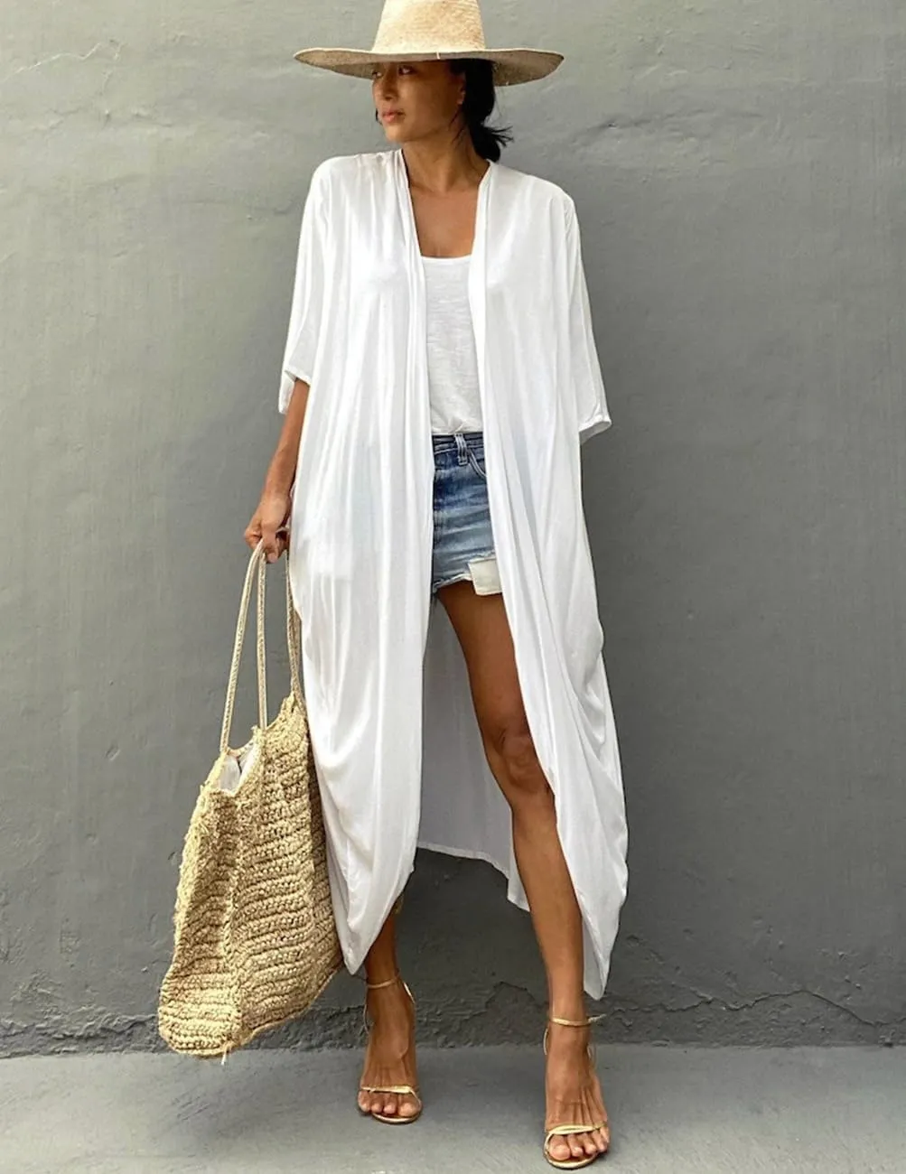 Rayon Beach Kimono coverups for Women Long Bathing Suit Cover Up Flowy Beachwear Cardigan