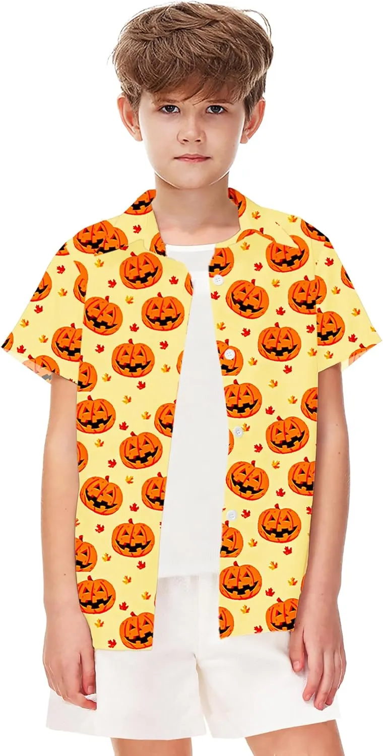 Remimi Unisex Kids Halloween Shirt Holiday Hawaiian Tops Short Sleeve Ugly Button Up 5-14 Years