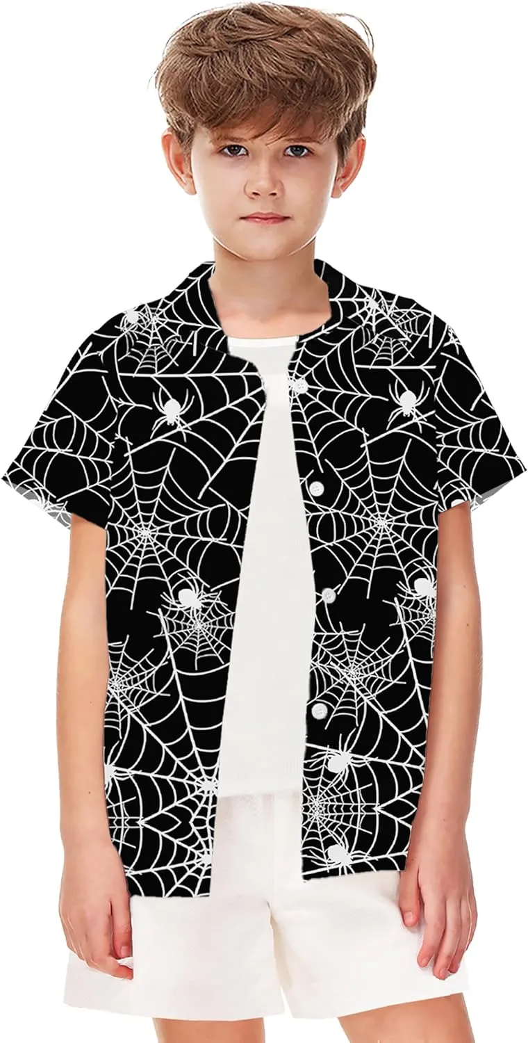 Remimi Unisex Kids Halloween Shirt Holiday Hawaiian Tops Short Sleeve Ugly Button Up 5-14 Years
