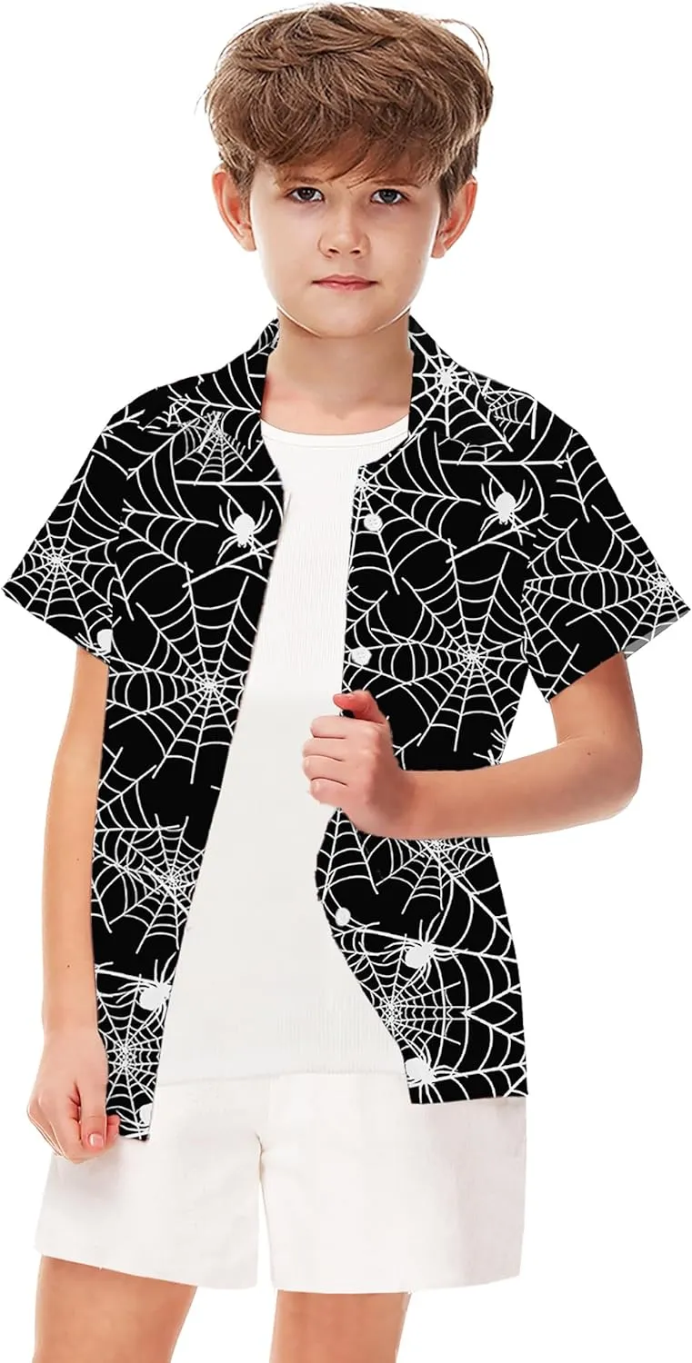 Remimi Unisex Kids Halloween Shirt Holiday Hawaiian Tops Short Sleeve Ugly Button Up 5-14 Years