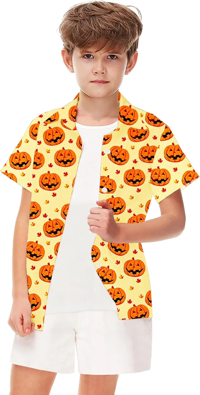 Remimi Unisex Kids Halloween Shirt Holiday Hawaiian Tops Short Sleeve Ugly Button Up 5-14 Years